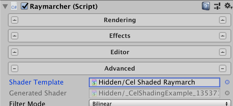 A screenshot showing where to override the Raymarcher's shader template